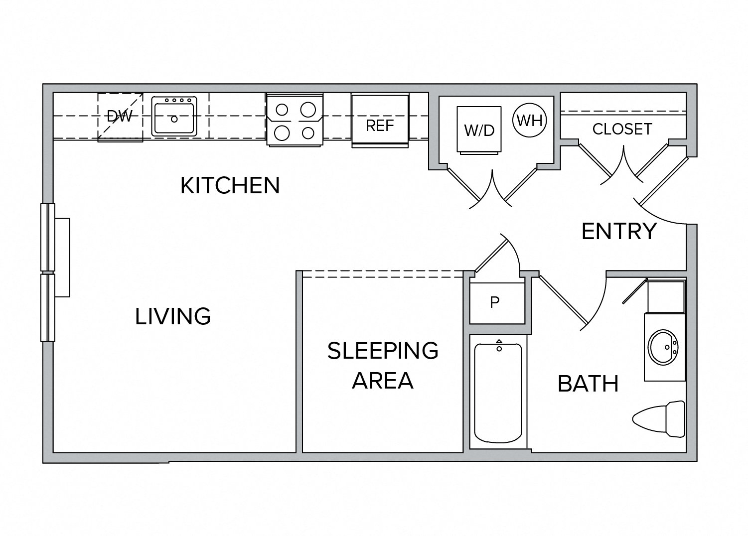 Floor plan for studio, 1 bath, 491 sqft